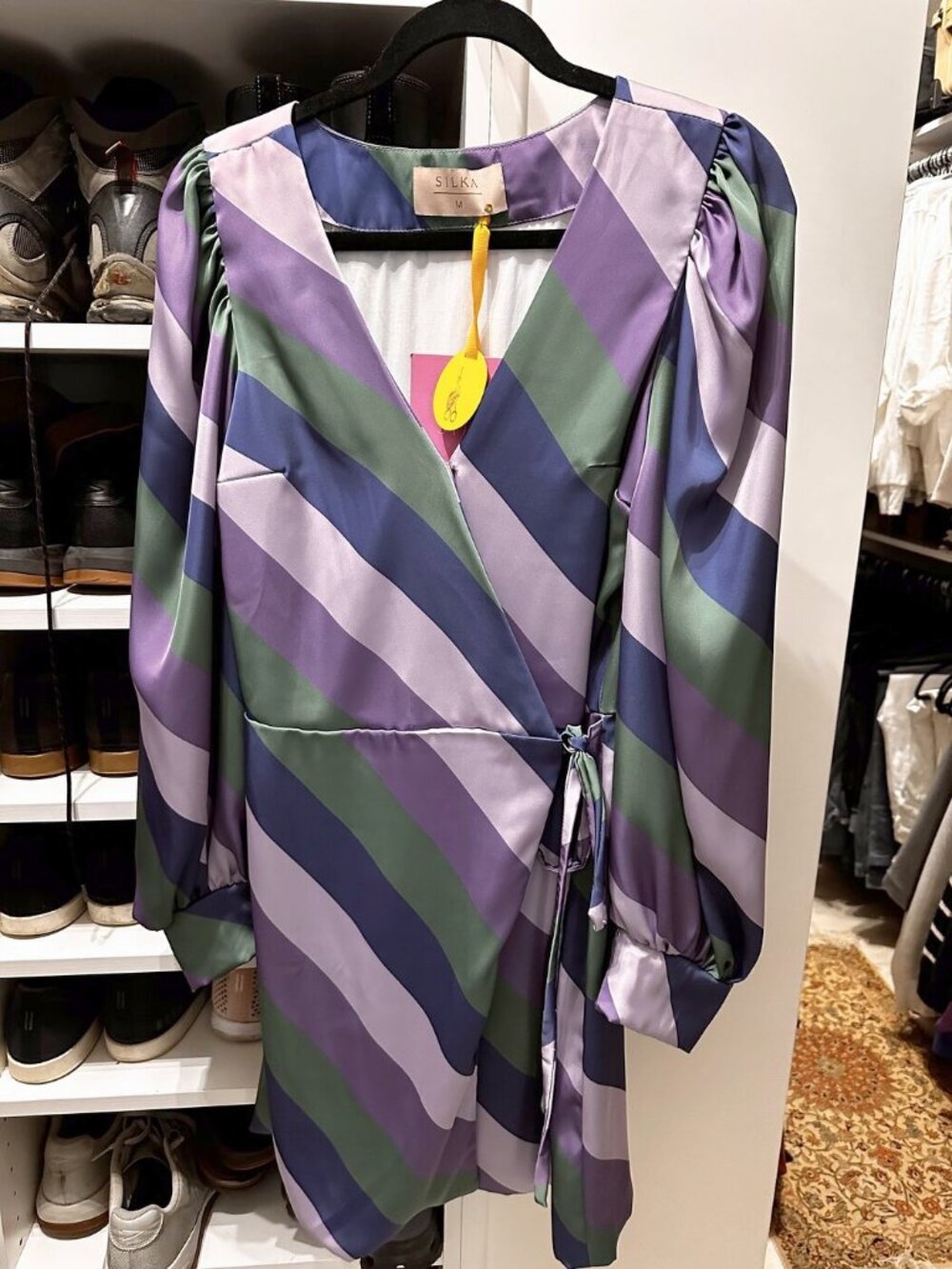NWT SILKA Antonia Dress Purple Green Striped Satin Wrap Size M